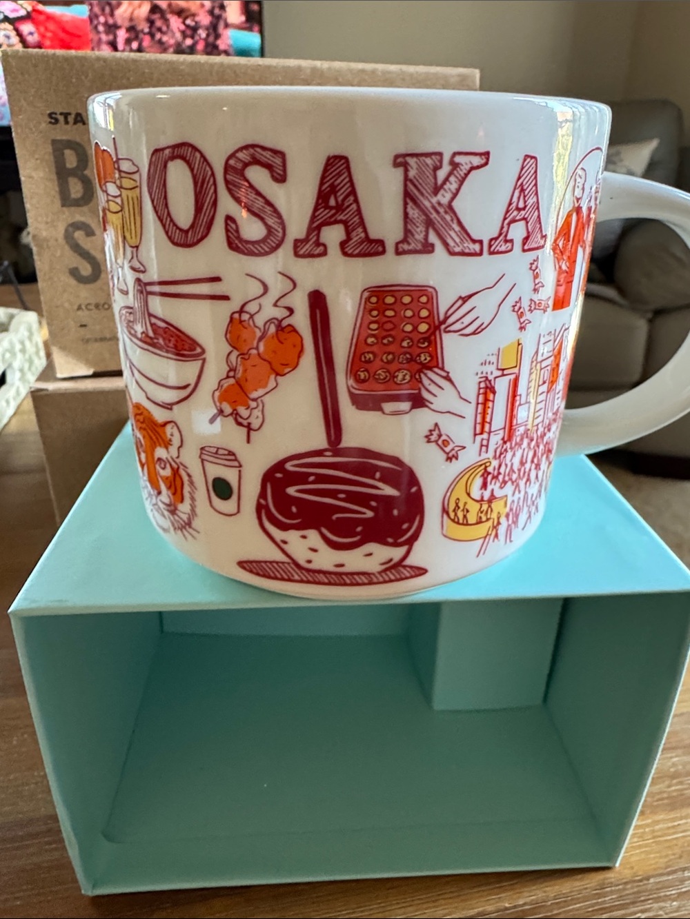 Starbucks 14 oz Osaka Ceramic Mug - White with Red and Orange Illustrations